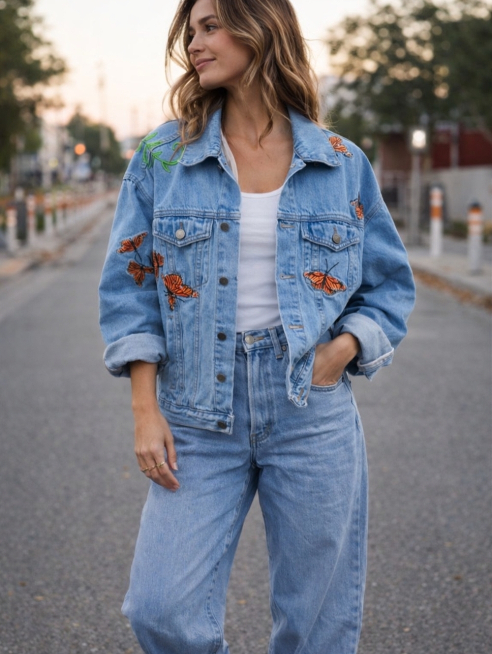 WORKSHOP REPUBLIC CLOTHING | Embroidered Denim Jacket with Butterfly Design M.
